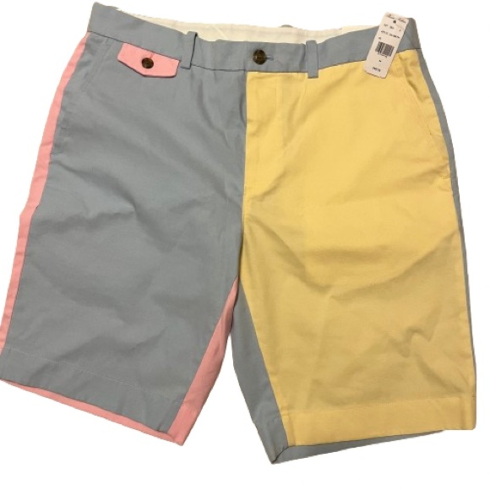 Brooks Brothers Mens 34 Chambray Colorblock Multicolor Chino Shorts Flat Front